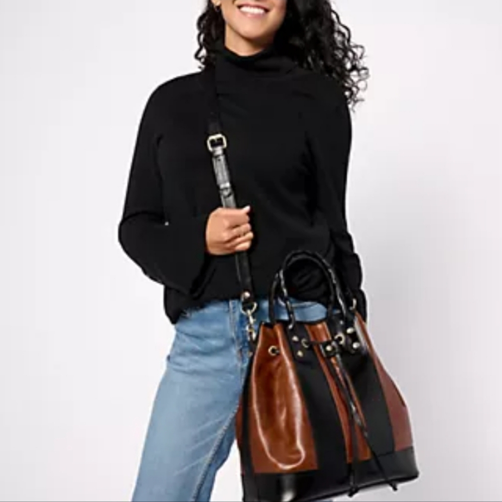 Patricia Nash Brown and Black Leather Drawstring Bucket Bag - Picture 3 of 16